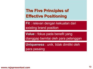 The Five Principles of Effective Positioning Fit :  relevan dengan kekuatan dari existing brand position Value :  fokus pada benefit yang dianggap bernilai oleh para pelanggan Uniqueness  : unik, tidak dimiliki oleh para pesaing 