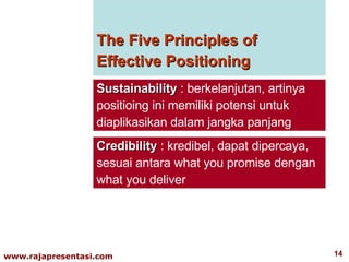 The Five Principles of Effective Positioning Sustainability  : berkelanjutan, artinya positioing ini memiliki potensi untuk diaplikasikan dalam jangka panjang Credibility  : kredibel, dapat dipercaya, sesuai antara what you promise dengan what you deliver 