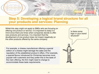 Step 5: Developing a logical brand structure for all your products and services: Planning Whilst this step might not apply to SMEs who are focusing on offering one product or service, it is important to keep it in mind since there are times when companies decide to offer new products and services. It is important that the development of one product does not impact negatively on the other products offered by the same company. Is there some logic in your brand structure? For example, a cheese manufacturer offering a special edition of a cheese might damage the sales and the reputation of the established product it offers. If for example, a special flavour introduced for Christmas becomes more popular with customers and they prefer this to the taste of the main offering, the firm might need to change to accommodate these taste requirements.