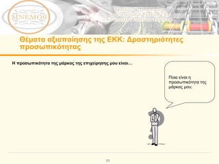 Θέματα αξιοποίησης της ΕΚΚ :  Δραστηριότητες προσωπικότητας Η προσωπικότητα της μάρκας της επιχείρησης μου είναι… Ποια είναι η προσωπικότητα της μάρκας μου; 