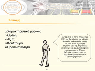 Σύνοψη …  Χαρακτηριστικά μάρκας   Οφέλη   Αξίες   Κουλτούρα   Προσωπικότητα Αυτές είναι οι πέντε πτυχές της ΕΚΚ της διαχείρισης της μάρκας. Μπορείτε να θυμηθείτε τι κάθε μια από αυτές τις πτυχές σημαίνει; Εάν όχι, παρακαλώ επιστρέψτε και ξανά επισκεφτείτε τα προηγούμενα βήματα δεδομένου ότι τα επόμενα βήματα θα βασιστούν στην κατανόηση αυτών..  