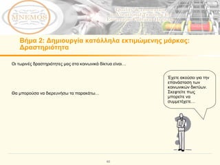 Βήμα  2:  Δημιουργία κατάλληλα εκτιμώμενης μάρκας: Δραστηριότητα  Οι τωρινές δραστηριότητες μας στα κοινωνικά δίκτυα είναι…  Θα μπορούσα να διερευνήσω τα παρακάτω… Έχετε ακούσει για την επανάσταση των κοινωνικών δικτύων. Σκεφτείτε πως μπορείτε να συμμετέχετε… 