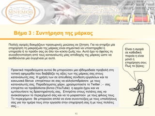 Βήμα   3  :  Συντήρηση της μάρκας Πολλές αγορές δοκιμάζουν προσωρινές μειώσεις σε ζήτηση. Για να στηρίξει μία επιχείρηση τη μακροζωία της μάρκας είναι σημαντικό να υποστηριχθεί η υπηρεσία ή το προϊόν σας σε όλο τον κύκλο ζωής του. Αυτό έχει το όφελος τη συνειδητοποίηση από τους καταναλωτές μίας αποδοχής της μάρκας ώστε να αισθάνονται μια συγγένεια με αυτό.  Είναι η αγορά σε καθοδική πορεία η είναι μονό η επιχείρηση σου; Πως το ξέρεις; Πρακτικά παραδείγματα αυτού θα μπορούσαν μια εβδομαδιαία προβολή στη τοπική εφημερίδα που διαβιβάζει τις αξίες των της μάρκας σας στους καταναλωτές σας. Η χρήση των σε απευθείας σύνδεση εργαλείων και τα κοινωνικά δίκτυα  επιτρέπουν σε σας να αλληλεπιδράσετε  με τους καταναλωτές σας. Παραδείγματος χάριν, χρησιμοποιείτε το  Twitter  ; -  σας επιτρέπει να προβάλλεται βίντεο ( YouTube)  η αρχεία ήχου και να εμπλουτίσετε τις δραστηριότητές σας.  Επιτρέπει στους πελάτες σας να ανακαλύψουν το περιεχόμενό σας και να το μοιραστούν  με τους φίλους τους. Το περιεχόμενο  θα μπορούσε απλά να είναι συνεντεύξεις με τους υπαλλήλους σας για την ημέρα τους στην εργασία στην επιχείρησή σας ή με τους πελάτες σας…  