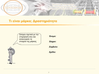 Τι είναι μάρκα;   Δραστηριότητα Όνομα : Slogan:  Σύμβολο :  Σχέδιο :  Σκέψου σχετικά με την επιχείρηση σου και αναγνώρισε τα στοιχεία της μάρκας  … 