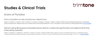 Studies & Clinical Trials
Grains of Paradise
Grains of paradise can help activate brown adipose tissue
Sugita, J., Yoneshiro, T., Hatano, T., Aita, S., Ikemoto, T., Uchiwa, H., Iwanaga, T., Kameya, T., Kawai, Y. & Saito, M. (2013): ‘Grains of paradise (Aframomum melegueta)
extract activates brown adipose tissue and increases whole-body energy expenditure in men’. The British Journal of Nutrition, 2013 Aug;110(4):733-8. PMID: 23308394
Women taking 30mg grains of paradise extract daily for 4 weeks lost signiﬁcantly more abdominal fat than
those taking a placebo
Sugita, J., Yoneshiro, T., Sugishima, Y., Ikemoto, T., Uchiwa, H., Suzuki, I. & Saito, M. (2014): ‘Daily ingestion of grains of paradise (Aframomum melegueta) extract
increases whole-body energy expenditure and decreases visceral fat in humans’. Journal of Nutritional Science and Vitaminolgy, 2014;60(1):22-7. PMID 24759256
 