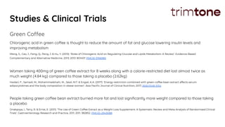 Studies & Clinical Trials
Green Coffee
Chlorogenic acid in green coffee is thought to reduce the amount of fat and glucose lowering insulin levels and
improving metabolism
Meng, S., Cao, J., Feng, Q., Peng, J. & Hu, Y. (2013): ‘Roles of Chlorogenic Acid on Regulating Glucose and Lipids Metabolism: A Review’. Evidence-Based
Complementary and Alternative Medicine, 2013; 2013: 801457. PMCID 3766985
Women taking 400mg of green coffee extract for 8 weeks along with a calorie-restricted diet lost almost twice as
much weight (4.84 kg) compared to those taking a placebo (2.62kg)
Haidari, F., Samadi, M., Mohammadshahi, M., Jalali, M.T. & Engali, K.A. (2017): ‘Energy restriction combined with green coffee bean extract affects serum
adipocytokines and the body composition in obese women’. Asia Paciﬁc Journal of Clinical Nutrition, 2017; 26(6):1048-1054
People taking green coffee bean extract burned more fat and lost signiﬁcantly more weight compared to those taking
a placebo
Onakpoya, I., Terry, R. & Ernst, E. (2011): ‘The Use of Green Coffee Extract as a Weight Loss Supplement: A Systematic Review and Meta-Analysis of Randomised Clinical
Trials’. Gastroenterology Research and Practice, 2011; 2011: 382852. PMCID: 2943088
 