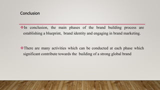 Conclusion
In conclusion, the main phases of the brand building process are
establishing a blueprint, brand identity and engaging in brand marketing.
There are many activities which can be conducted at each phase which
significant contribute towards the building of a strong global brand
 