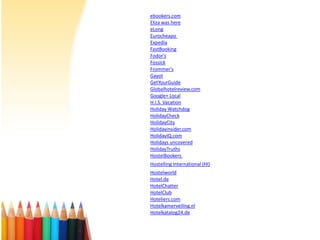 ebookers.com
Eliza was here
eLong
Eurocheapo
Expedia
FastBooking
Fodor's
Fossick
Frommer's
Gayot
GetYourGuide
Globalhotelreview.com
Google+ Local
H.I.S. Vacation
Holiday Watchdog
HolidayCheck
HolidayCity
Holidayinsider.com
HolidayIQ.com
Holidays uncovered
HolidayTruths
HostelBookers
Hostelling International (HI)
Hostelworld
Hotel.de
HotelChatter
HotelClub
Hoteliers.com
Hotelkamerveiling.nl
Hotelkatalog24.de

 