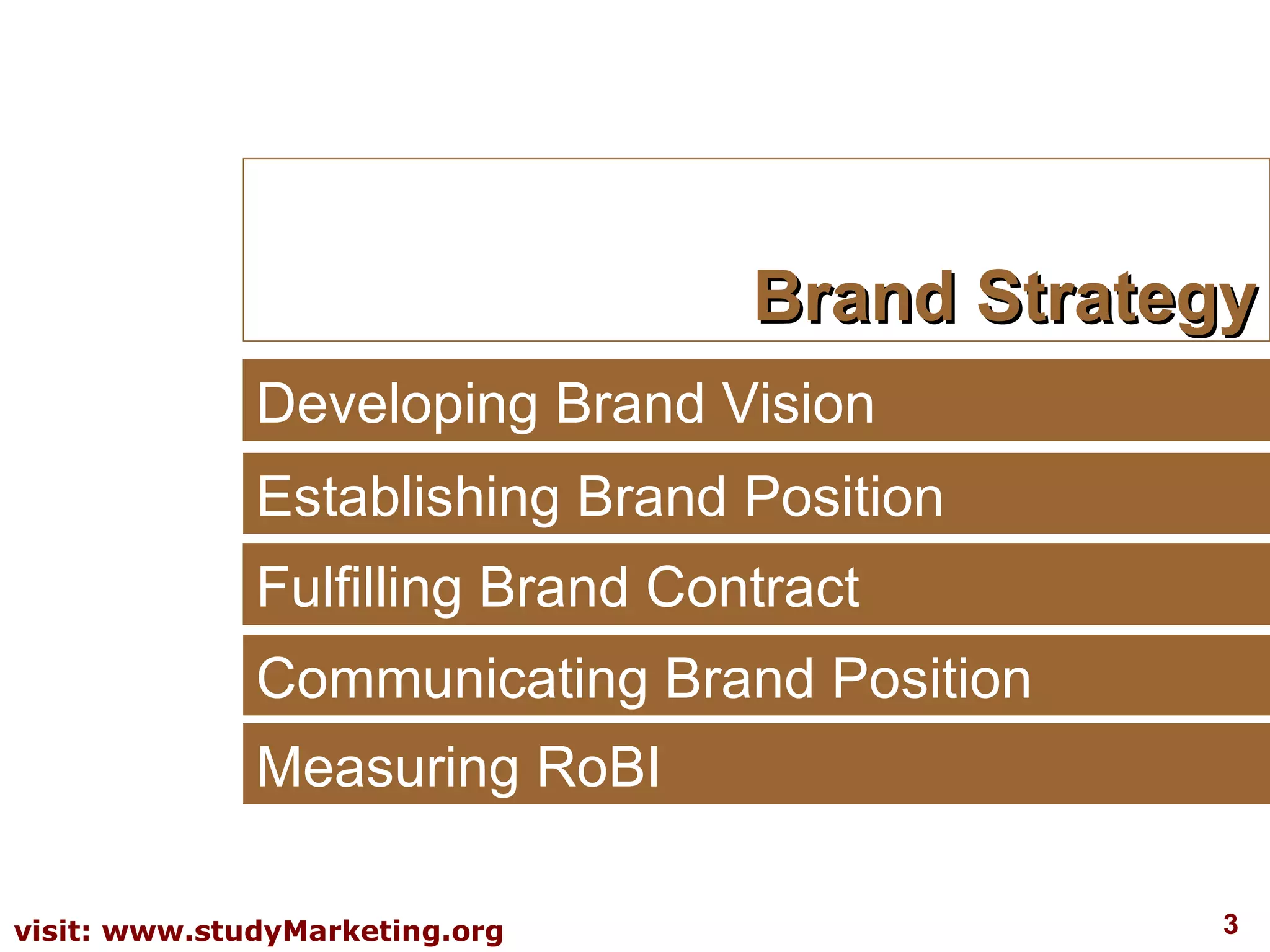 Brand Strategy Developing Brand Vision Establishing Brand Position Fulfilling Brand Contract Communicating Brand Position Measuring RoBI 