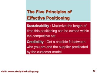The Five Principles of Effective Positioning Sustainability  : Maximize the length of time this positioning can be owned within the competitive set  Credibility  : Get a credible fit between who you are and the supplier predicated by the customer model. 