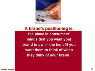 A brand's positioning is  the place in consumers' minds that you want your brand to own—the benefit you want them to think of when they think of your brand.   