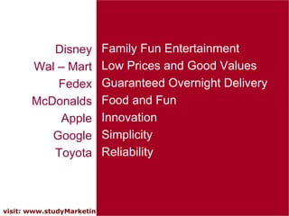 Disney Wal – Mart Fedex McDonalds Apple Google Toyota Family Fun Entertainment Low Prices and Good Values Guaranteed Overnight Delivery Food and Fun Innovation Simplicity Reliability 