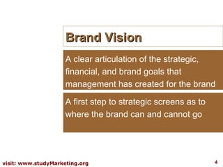 Brand Vision A clear articulation of the strategic, financial, and brand goals that management has created for the brand A...