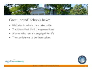 Great ‘brand’ schools have:	

•  Histories in which they take pride
•  Traditions that bind the generations
•  Alumni who remain engaged for life
•  The confidence to be themselves




                     Building a brand the next president will embrace   4	
 
 