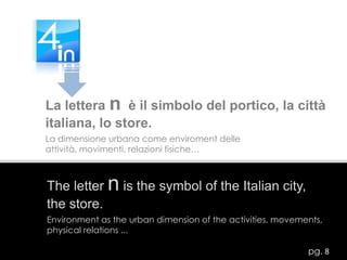 La lettera n  è il simbolo del portico, la città italiana, lo store.La dimensione urbana come enviroment delle attività, movimenti, relazioni fisiche…The letter n is the symbol of the Italian city, the store.Environment as the urban dimension of the activities, movements, physical relations ...