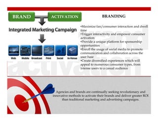 BRAND   ACTIVATION                        BRANDING

                           •Maximize fan/consumer interaction and dwell
                           time
                           •Trigger interactivity and empower consumer
                           activation
                           •Provide a unique platform for sponsorship
                           opportunities
                           •Enroll the usage of social media to promote
                           communication and collaboration across the
                           user base
                           •Create diversified experiences which will
                           appeal to numerous consumer types, from
                           intense users to a casual audience




          Agencies and brands are continually seeking revolutionary and
        innovative methods to activate their brands and deliver greater ROI
              than traditional marketing and advertising campaigns.
 