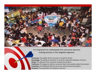 It is important to understands the consumer decision
          making process in the targeted segment.

Awareness: The ability of the consumer to recall the brand…
Knowledge: The ability of consumer to recall the important attributes of brand…
Liking: The attitude of the consumer towards the product…
Preference: The degree to which a consumer feels more positive about the product…
Conviction: The likelihood that the consumer will purchase the product…
Purchase: The acquisition of a product or service…
 