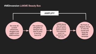 #MEInvansion LAKME Beauty Bus
We invite 30
curated
influencers,
bloggers and
celebs to join
#MEInvansion
The audiences
will gather in
Senayan and
start to party
in the bus,
live on IG
LAKME Beauty
Bus will travel
around Jakarta,
finish on Ancol.
The audiences
post it on
socmed to viral
the event
We finish at
Segarra, Ancol
to view the
sunset and
close the
#MECult
campaign
AMPLIFY
 