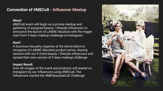 Convention of #MECult - Influencer Meetup
What?
#MECult event will begin as a private meetup and
gathering of assigned beauty / lifestyle influencers to
announce the launch of LAKME Absolute with the trigger
start from 9 days makeup challenge on Instagram
How?
A luxurious tea party organise at the secret place to
recognize of LAKME Absolute product series, sharing
session with our 9 niche beauty / lifestyle influencers and
spread their own version of 9 days makeup challenge
Impact Result
Over 60 images of the event and products will shared on
Instagram by our influencers using #MECult, The
Influencers started the #MEAbsoluteCult Challenge
 