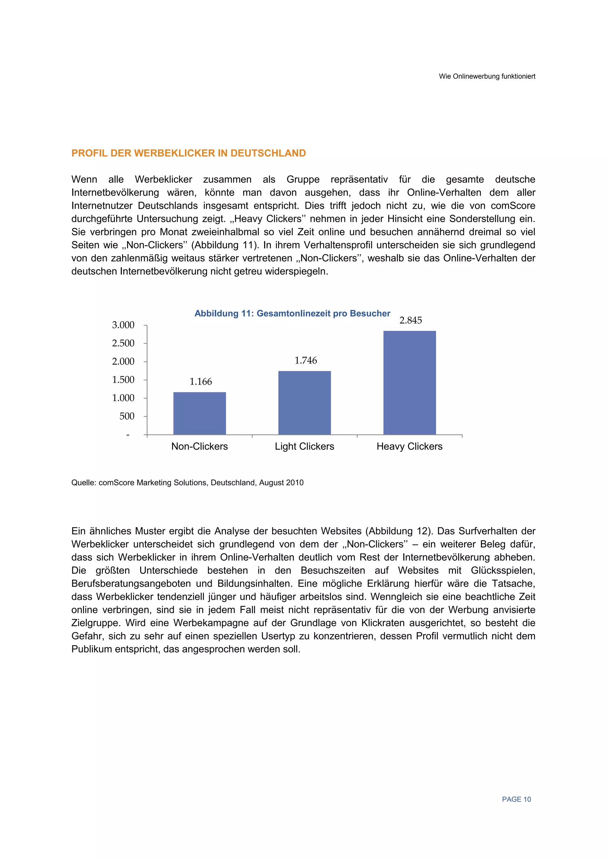 Wie Onlinewerbung funktioniert




PROFIL DER WERBEKLICKER IN DEUTSCHLAND

Wenn alle Werbeklicker zusammen als Gruppe repräsentativ für die gesamte deutsche
Internetbevölkerung wären, könnte man davon ausgehen, dass ihr Online-Verhalten dem aller
Internetnutzer Deutschlands insgesamt entspricht. Dies trifft jedoch nicht zu, wie die von comScore
durchgeführte Untersuchung zeigt. ‚‚Heavy Clickers’’ nehmen in jeder Hinsicht eine Sonderstellung ein.
Sie verbringen pro Monat zweieinhalbmal so viel Zeit online und besuchen annähernd dreimal so viel
Seiten wie ‚‚Non-Clickers’’ (Abbildung 11). In ihrem Verhaltensprofil unterscheiden sie sich grundlegend
von den zahlenmäßig weitaus stärker vertretenen ‚‚Non-Clickers’’, weshalb sie das Online-Verhalten der
deutschen Internetbevölkerung nicht getreu widerspiegeln.



                                Abbildung 11: Gesamtonlinezeit pro Besucher
           3.000                                                              2.845 

           2.500
           2.000                                           1.746 
           1.500               1.166 
           1.000
             500
              ‐
                          Non-Clickers                Light Clickers   Heavy Clickers


Quelle: comScore Marketing Solutions, Deutschland, August 2010




Ein ähnliches Muster ergibt die Analyse der besuchten Websites (Abbildung 12). Das Surfverhalten der
Werbeklicker unterscheidet sich grundlegend von dem der ‚‚Non-Clickers’’ – ein weiterer Beleg dafür,
dass sich Werbeklicker in ihrem Online-Verhalten deutlich vom Rest der Internetbevölkerung abheben.
Die größten Unterschiede bestehen in den Besuchszeiten auf Websites mit Glücksspielen,
Berufsberatungsangeboten und Bildungsinhalten. Eine mögliche Erklärung hierfür wäre die Tatsache,
dass Werbeklicker tendenziell jünger und häufiger arbeitslos sind. Wenngleich sie eine beachtliche Zeit
online verbringen, sind sie in jedem Fall meist nicht repräsentativ für die von der Werbung anvisierte
Zielgruppe. Wird eine Werbekampagne auf der Grundlage von Klickraten ausgerichtet, so besteht die
Gefahr, sich zu sehr auf einen speziellen Usertyp zu konzentrieren, dessen Profil vermutlich nicht dem
Publikum entspricht, das angesprochen werden soll.




                                                                                                          PAGE 10
 