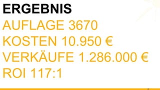 ERGEBNIS AUFLAGE 3670 KOSTEN 10.950 € VERKÄUFE 1.286.000 € ROI 117:1 
