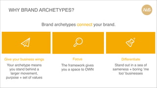 WHY BRAND ARCHETYPES?
Brand archetypes connect your brand.
Give your business wings
Your archetype means
you stand behind a
larger movement,
purpose + set of values
Differentiate
Stand out in a sea of
sameness + boring ‘me
too’ businesses
Focus
The framework gives
you a space to OWN
 