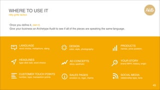 WHERE TO USE IT 
nitty gritty tactics
45
Once you define it, own it. !
Give your business an Archetype Audit to see if all of the pieces are speaking the same language.
HEADLINES
type click bait, word choice
CUSTOMER TOUCH POINTS
number, type, transaction points
LANGUAGE
word choice, metaphors, slang
SALES PAGES
emotion vs. logic, theme
DESIGN
color, style, photography
YOUR STORY
brand WHY, history, origin
PRODUCTS
names, price position,
SOCIAL MEDIA
relationship type, tone
AD CONCEPTS!
story, aesthetic
 