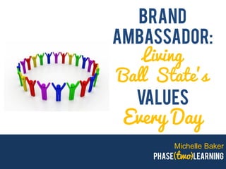 Michelle Baker
phase(two)learning
Brand
ambassador:
Living
Ball State’s
values
Every Day
 