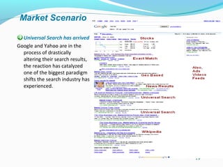 Market Scenario

  Universal Search has arrived
Google and Yahoo are in the
  process of drastically
  altering their search results,
  the reaction has catalyzed
  one of the biggest paradigm
  shifts the search industry has
  experienced.




                                   19
 