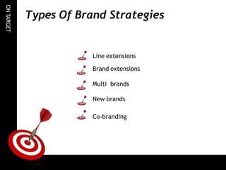 ON
TARGET
Types Of Brand Strategies
Line extensions
Brand extensions
Multi brands
New brands
Co-branding
 