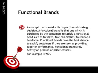 ON
TARGET
Functional Brands
A concept that is used with respect brand strategy
decision. A functional brand is that one which is
purchased by the consumers to satisfy a functional
need such as to shave, to clean clothes, to relieve a
headache. Functional brands have the best chance
to satisfy customers if they are seen as providing
superior performance. Functional brands rely
heavily on product or price features.
For Example : FMCG
 