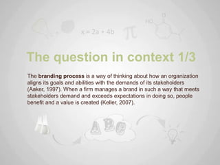 The question in context 1/3
The branding process is a way of thinking about how an organization
aligns its goals and abilities with the demands of its stakeholders
(Aaker, 1997). When a firm manages a brand in such a way that meets
stakeholders demand and exceeds expectations in doing so, people
benefit and a value is created (Keller, 2007).
 