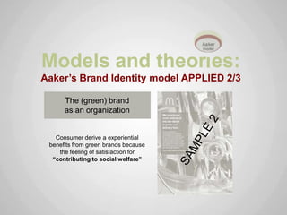 Models and theor es:
Aaker’s Brand Identity model APPLIED 2/3

      The (green) brand
      as an organization


   Consumer derive a experiential
 benefits from green brands because
    the feeling of satisfaction for
  “contributing to social welfare”
 