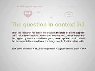 The question in context 3/3
Then the research has taken into account theories of brand appeal:
the 23plusone study by Cramer and Koene (2010), which states that
the degree by which a brand feels good, brand appeal, has to do with
the fundamental human drives, the things people find important in life.


BAW Brand awareness + BEX Brand expectation + 23plusone brand profile = BAP
 