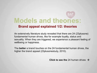 Models and theor es:
   Brand appeal explained 1/2: theories

An extensively literature study revealed that there are 24 (23plusone)
fundamental human drives, like for example loyalty, status and
sexuality. When they are triggered, we experience a pleasant feeling of
wellbeing or happiness.

The better a brand touches on the 24 fundamental human drives, the
higher the brand appeal (23plusonestudy, 2010).


                                Click to see the 24 human drives 
 