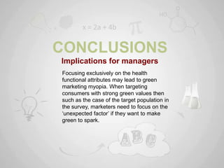 CONCLUSIONS
Implications for managers
Focusing exclusively on the health
functional attributes may lead to green
marketing myopia. When targeting
consumers with strong green values then
such as the case of the target population in
the survey, marketers need to focus on the
„unexpected factor‟ if they want to make
green to spark.
 