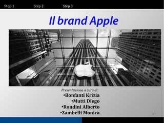 Step 1

Step 2

Step 3

Il brand Apple

Presentazione a cura di:

Bonfanti Krizia
●
Mutti Diego
●
Rondini Alberto
●
Zambelli Monica
●

1

 