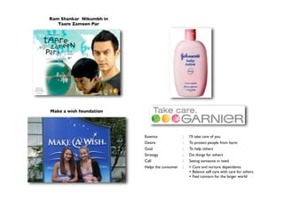 Make a wish foundation
Ram Shankar Nikumbh in
Taare Zameen Par
Essence : I’ll take care of you
Desire : To protect people from harm
Goal : To help others
Strategy : Do things for others
Call : Seeing someone in need
Helps the consumer :  Care and nurture dependents
 Balance self care with care for others
 Feel concern for the larger world
 