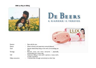 SRK as Raj in DDLJ
Essence : Eyes only for you
Desire : Attain intimacy and experience sensual pleasure
Goal : Special relationship, being in the work, surroundings you
love
Strategy : Become more and more attractive – physically,
emotionally and in every way
Call : Seduction, falling in love (with a person, a cause, work,
an idea, a product)
Helps consumers :  Achieve bliss through commitment to their love
 