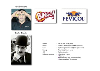 Charlie Chaplin
Cyrus Broacha
Essence : Let me have fun; let it rip
Desire : To live in the moment with full enjoyment
Goal : To have a great time, to lighten up the world
Strategy : Play, make jokes, be funny
Call : Reduce boredom
Helps the consumer :  Play life as a game
 Have fun
 Be clever, ﬁnd ways around obstacles
 Experience life in the moment
 