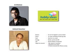 A R Rahman
Ashitosh Gowarikar
Essence : If it can be imagined, it can be created
Desire : To create something of enduring value
Goal : Give form to a vision
Strategy : Artistic control and skill
Call : Dreams, Flashes of inspiration
Helps the consumer :  Be creative or innovative
 Give form to his vision
 Create structures that inﬂuence society
 