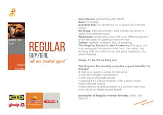 regular
“all are created equal”
Core Desire: connecting with others
Goal: to belong
Greatest fear: to be left out or to stand out from the
crowd
Strategy: develop ordinary solid virtues, be down to
earth, the common touch
Weakness: losing one's own self in an effort to blend in
or for the sake of superficial relationships
Talent: realism, empathy, lack of pretence
The Regular Person is also known as: The good old
boy, everyman, the person next door, the realist, the
working stiff, the solid citizen, the good neighbour, the
silent majority
Helps: To be OK as they are
The Regular Personality provides a good identity for
brands:
• that give people a sense of belonging
• with an everyday functionality
• with low to moderate prices
• produced by a solid company with a down-home
organizational culture
• that need to be differentiated in a positive way from
more elitist or higher-priced brands
Examples of Regular Person brands: SPAR, VW,
Klipdrift
guy/girl
good old
boy
Solid
citizen
 