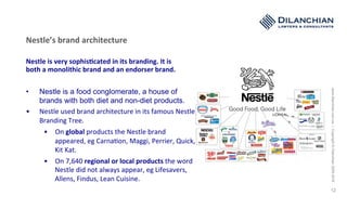 www.dilanchian.com.au|Copyright©Dilanchian2005-2016
12
Nestle’s	brand	architecture	
	
Nestle	is	very	sophis>cated	in	its	branding.	It	is	
both	a	monolithic	brand	and	an	endorser	brand.	
•  Nestle is a food conglomerate, a house of
brands with both diet and non-diet products.
•  Nestle	used	brand	architecture	in	its	famous	Nestle	
Branding	Tree.		
•  On	global	products	the	Nestle	brand	
appeared,	eg	Carna:on,	Maggi,	Perrier,	Quick,	
Kit	Kat.	
•  On	7,640	regional	or	local	products	the	word	
Nestle	did	not	always	appear,	eg	Lifesavers,	
Allens,	Findus,	Lean	Cuisine.	
 