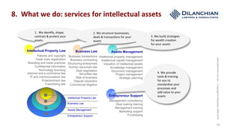 www.dilanchian.com.au|Copyright©Dilanchian2005-2016
18
Intellectual Property Law
Business Law
Assets Management
Entrepreneur Support
1.		We	iden:fy,	shape,	
contract	&	protect	your	
assets	
2.	We	structure	businesses,	
deals	&	transac:ons	for	your	
assets	
4.	We	provide	
tools	&	training	
for	you	to	
standardise	your	
processes	and	
add	value	to	your	
assets	
3.	We	build	strategies	
for	wealth	crea:on	
for	your	assets	
Intellectual Property Law
Patents and copyright
Trade mark registration
Branding and trade practices
Confidential information
Technology licensing
Internet and e-commerce law
IT and communications law
Entertainment law
Franchising law
Business Law
Business transactions
Business contracting
Structuring enterprises
Human resources law
Deal negotiation
Securities law
Sale of business
Dispute resolution
Commercial litigation
Assets Management
Intellectual property management
Intellectual capital management
Valuation of intellectual assets
Knowledge management
Document management
Project management
Strategic planning
Entrepreneur Support
Management consultancy
Deal making training
Management training
Marketing support
Fundraising
8.		What	we	do:	services	for	intellectual	assets	
 