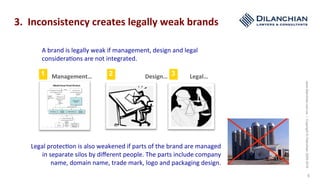 www.dilanchian.com.au|Copyright©Dilanchian2005-2016
5
	
							Management… 		 				Design… 												Legal…	
	
	
A	brand	is	legally	weak	if	management,	design	and	legal	
considera:ons	are	not	integrated.		
1 2 3
Legal	protec:on	is	also	weakened	if	parts	of	the	brand	are	managed	
in	separate	silos	by	diﬀerent	people.	The	parts	include	company	
name,	domain	name,	trade	mark,	logo	and	packaging	design.	
3.		Inconsistency	creates	legally	weak	brands	
 