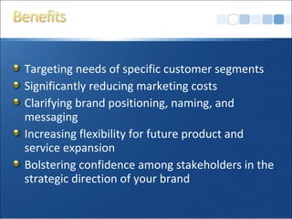 Targeting needs of specific customer segments
Significantly reducing marketing costs
Clarifying brand positioning, naming, and
messaging
Increasing flexibility for future product and
service expansion
Bolstering confidence among stakeholders in the
strategic direction of your brand
 