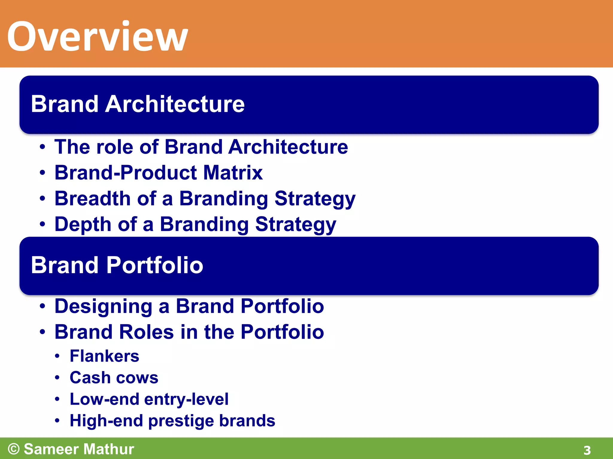 Overview
© Sameer Mathur 3
Brand Architecture
• The role of Brand Architecture
• Brand-Product Matrix
• Breadth of a Branding Strategy
• Depth of a Branding Strategy
Brand Portfolio
• Designing a Brand Portfolio
• Brand Roles in the Portfolio
• Flankers
• Cash cows
• Low-end entry-level
• High-end prestige brands
 