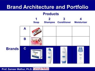 1
Soap
2
Shampoo
3
Conditioner
4
Moisturizer
A
B
Brands C
Products
Brand Architecture and Portfolio
Prof. Sameer Mathur, Ph.D.
 