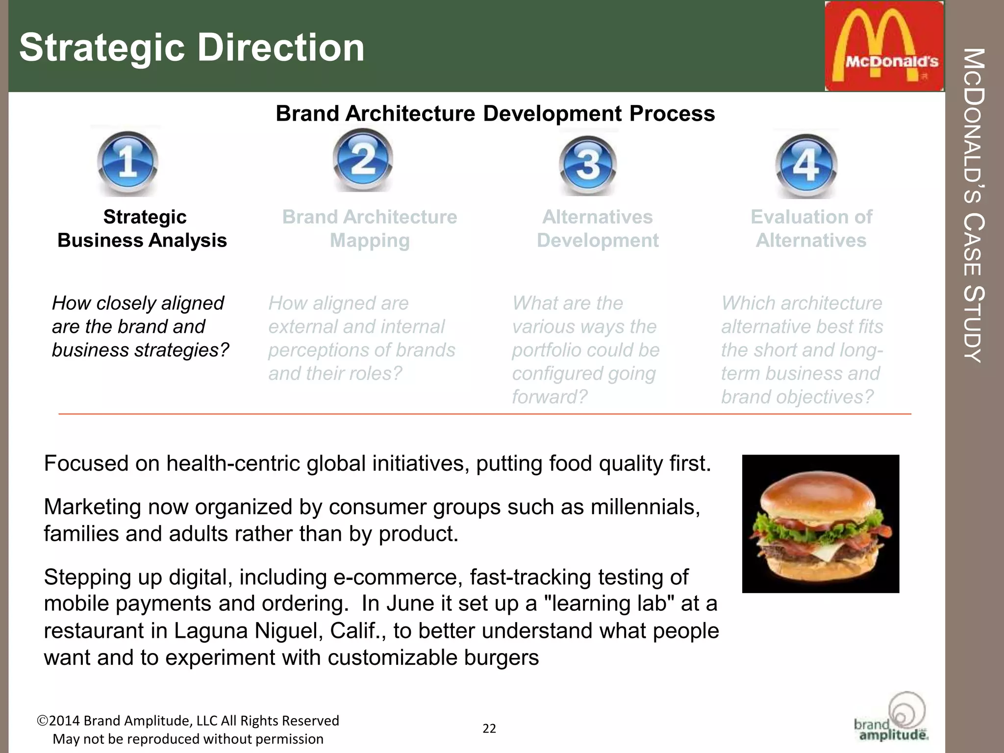 BRAND	
  AMPLITUDE,	
  LLC	
   	
   	
   	
   	
   	
   	
   	
  	
  	
  	
  	
  	
  	
   	
  	
  AUGUST	
  2015	
  
BRAND	
  ARCHITECTURE	
  DEVELOPMENT	
  
22	
  
We	
  use	
  a	
  four-­‐step	
  process	
  to	
  idenMfy	
  the	
  opMmal	
  architecture	
  soluMon.	
  
Overview	
  of	
  Recommended	
  Four-­‐Step	
  Approach	
  
	
  
Brand	
  Architecture	
  
Mapping	
  
AlternaIves	
  
Development	
  	
  
EvaluaIon	
  of	
  
AlternaIves	
  
	
  Strategic	
  Business	
  
Analysis	
  
How	
  aligned	
  are	
  external	
  
and	
  internal	
  percep7ons	
  
of	
  brands	
  and	
  their	
  
roles?	
  
	
  
	
  
	
  
	
  
	
  
What	
  are	
  the	
  various	
  
ways	
  the	
  por@olio	
  
could	
  be	
  conﬁgured	
  
going	
  forward?	
  	
  	
  
Which	
  alterna7ve	
  best	
  
ﬁts	
  the	
  short	
  and	
  long-­‐
term	
  business	
  
objec7ves?	
  
How	
  closely	
  aligned	
  
are	
  the	
  brand	
  and	
  
business	
  strategies?	
  
 