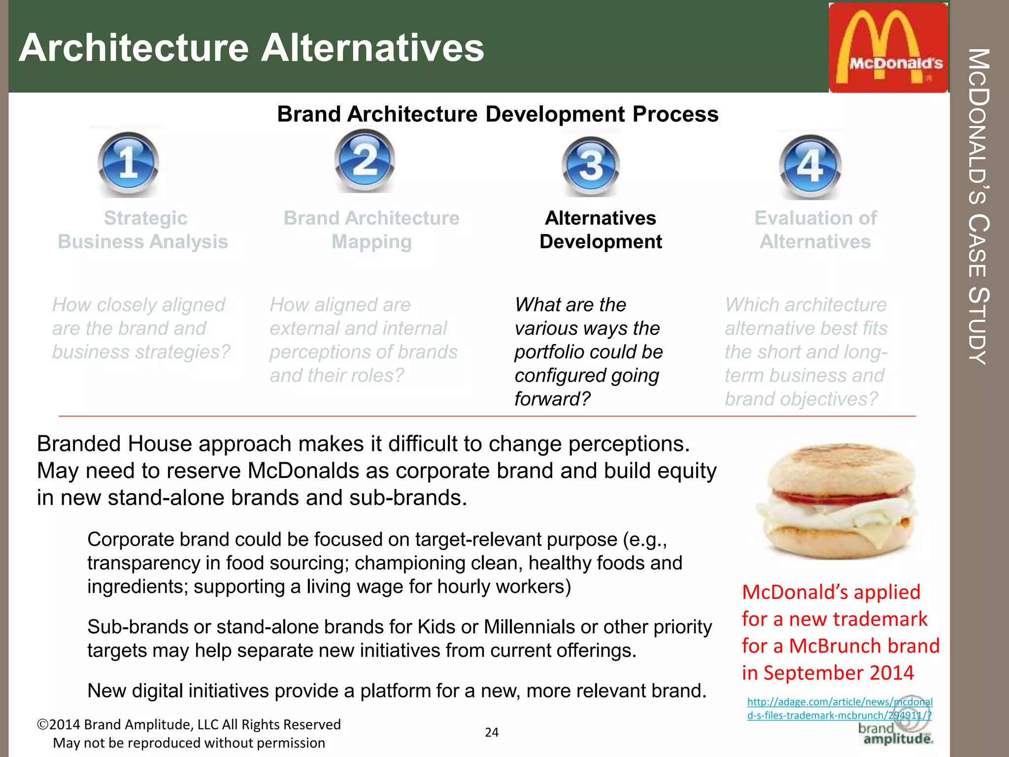 BRAND	
  AMPLITUDE,	
  LLC	
   	
   	
   	
   	
   	
   	
   	
  	
  	
  	
  	
  	
  	
   	
  	
  AUGUST	
  2015	
  
There	
  were	
  signs	
  of	
  trouble	
  starMng	
  in	
  the	
  late	
  1990’s,	
  as	
  business	
  lagged	
  and	
  new	
  
products	
  failed.	
  	
  
24	
  
1995	
   2000	
   2010	
   2015	
  
The	
  low-­‐fat	
  McLean	
  
Deluxe	
  and	
  Arch	
  
Deluxe	
  burgers,	
  
meant	
  to	
  appeal	
  to	
  
adults,	
  bombed	
  
Sales	
  stagnated	
  
while	
  costs	
  
increased	
  as	
  the	
  
product	
  oﬀering	
  
expanded/
became	
  more	
  
complex	
  
In	
  an	
  eﬀort	
  to	
  
regain	
  relevance,	
  
McDonald’s	
  
acquired	
  Chipotle	
  
Mexican	
  Grill	
  and	
  
Boston	
  Market	
  in	
  
1999	
  
Spun	
  oﬀ	
  Chipotle	
  in	
  
2006	
  to	
  refocus	
  on	
  
core	
  hamburger	
  
business	
  
2005	
  
Salads	
  represent	
  only	
  2-­‐3%	
  
of	
  McDonald’s	
  sales	
  in	
  the	
  
United	
  States.	
  CEO	
  Don	
  
Thompson	
  admiped	
  “I	
  don’t	
  
see	
  salads	
  as	
  being	
  a	
  major	
  
growth	
  driver	
  in	
  the	
  near	
  
future.”	
  (5/13)	
  
Record	
  number	
  of	
  	
  
franchisees	
  lea	
  
the	
  system	
  in	
  
2002	
  
In	
  2004,	
  “Supersize	
  
Me”	
  brought	
  
apenMon	
  to	
  what	
  
too	
  much	
  
McDonald's	
  does	
  to	
  
your	
  body	
  and	
  how	
  it	
  
makes	
  you	
  feel.	
  	
  
U.S.	
  comp	
  store	
  
sales	
  slipped	
  1.7%	
  
in	
  Q1	
  and	
  1.5%	
  in	
  
Q2	
  of	
  2014	
  
McDONALD’S	
  CASE	
  STUDY:	
  TIMELINE	
  
 